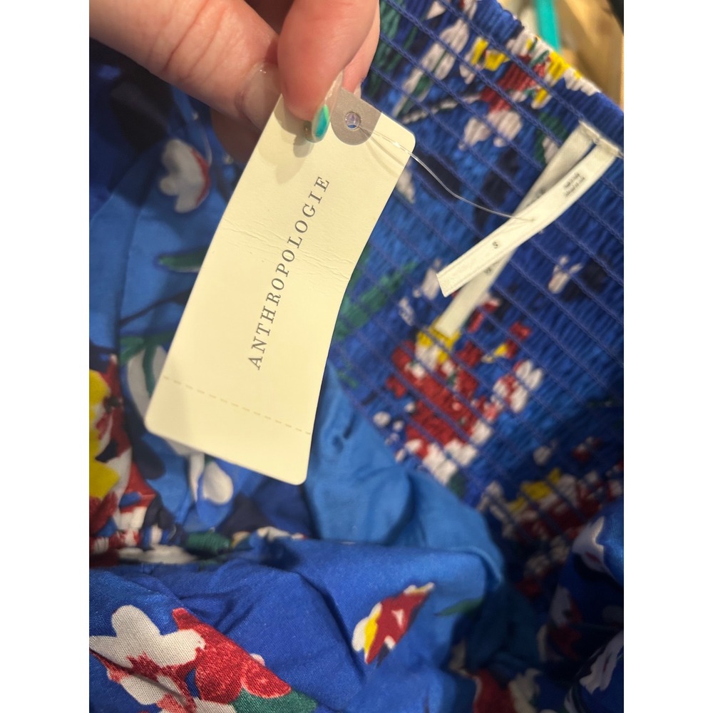 Anthropologie Halter Dress Blue Floral Smocked Tiered Keyhole Summer Mini - Picture 10 of 11